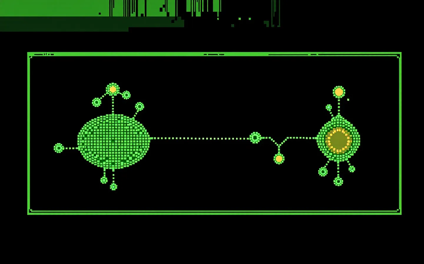 An 8-bit pixel-art schematic of two abstract receptor nodes side by side, each docking a different pixel peptide strand, in phosphor green with an amber accent inside a box-drawing frame on a near-black terminal ground